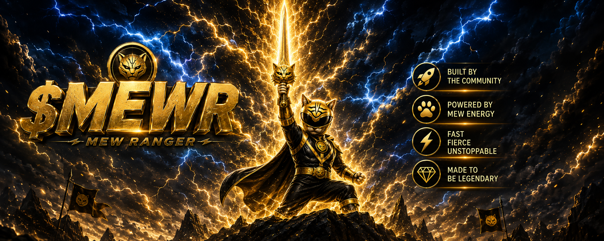 $MEWR Mew Ranger cat hero raising a golden sword in a lightning storm